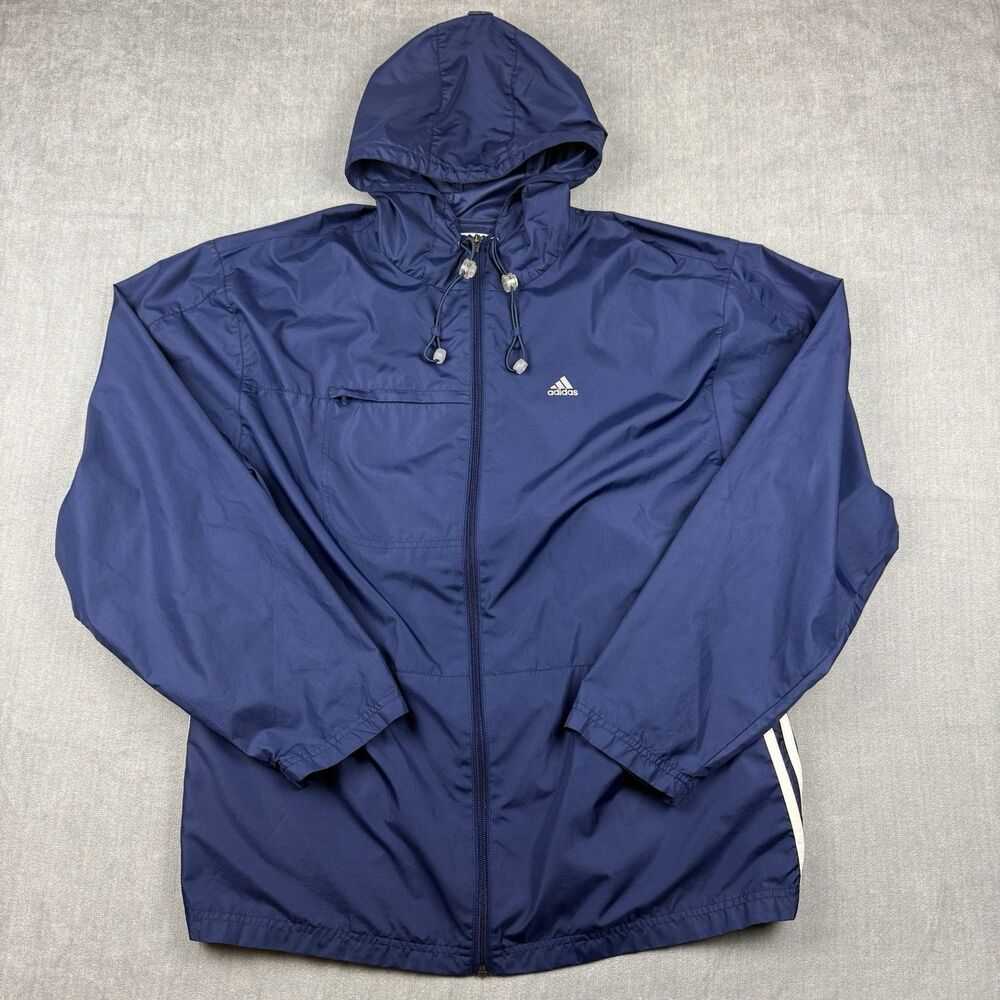 Adidas Windbreaker Track Jacket Mens Lg Blue Polyester 3 Stripes Hood Vintage